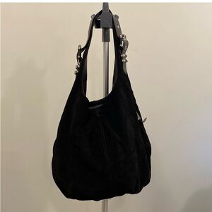 B. Makowsky Black Suede and Leather Hobo Bag with Tassel Side Zipper Pockets